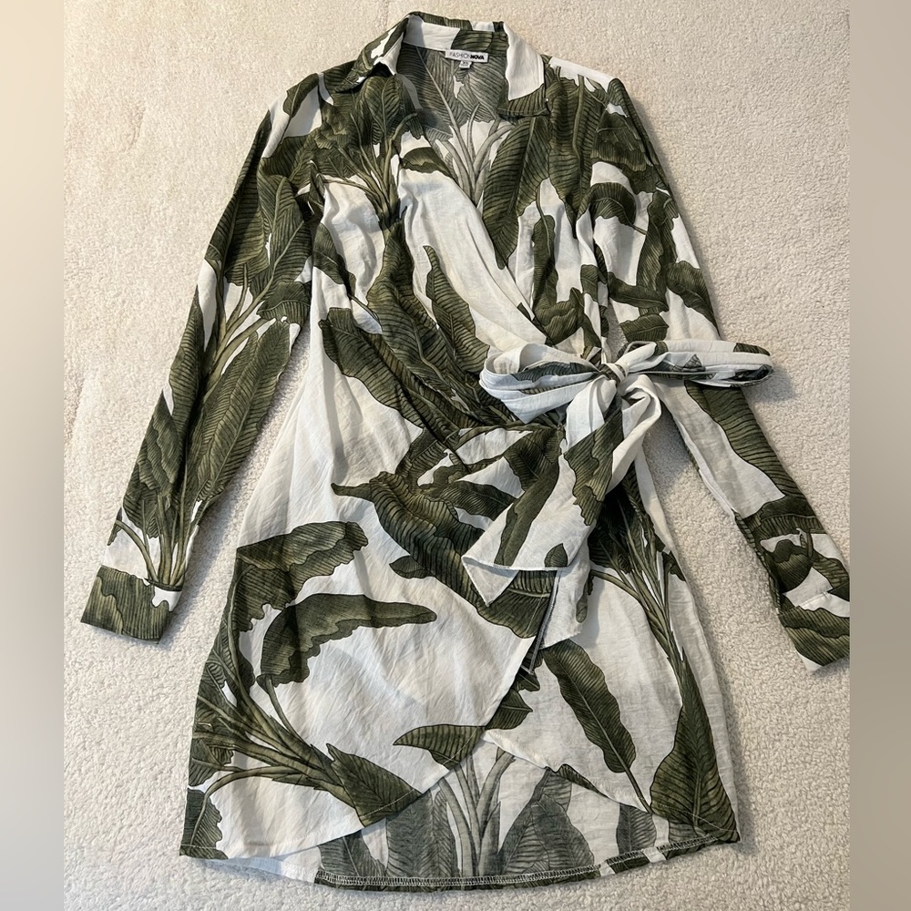 Palm print wrap around mini dress Fashion Nova